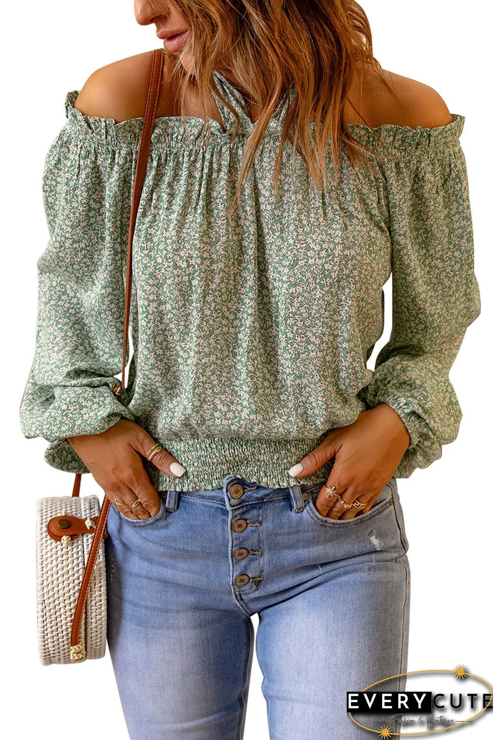 Green Floral Print Halter Off-shoulder Blouse