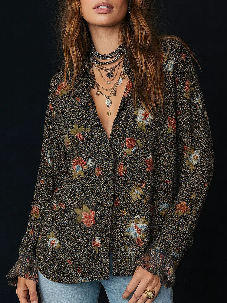 Retro Floral Print Curved Hem Ruffled Sleeves Blouse