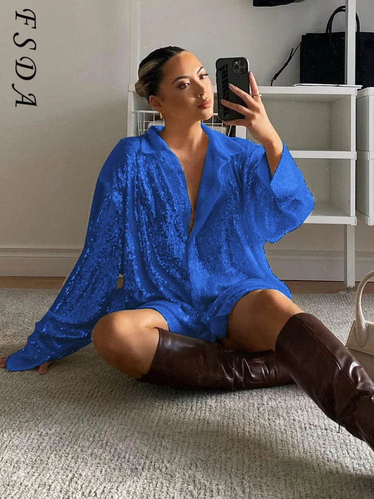 FSDA V Neck 2021 Fashion Sequins Blouse Shirts Women Long Sleeve Sexy Party Autumn Winter Club Y2K Vintage Top Elegant Clothes