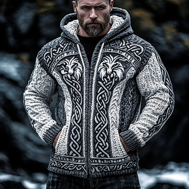 VChics Men's Viking Wolf Style Celtic Thick Zip Hooded Sweater