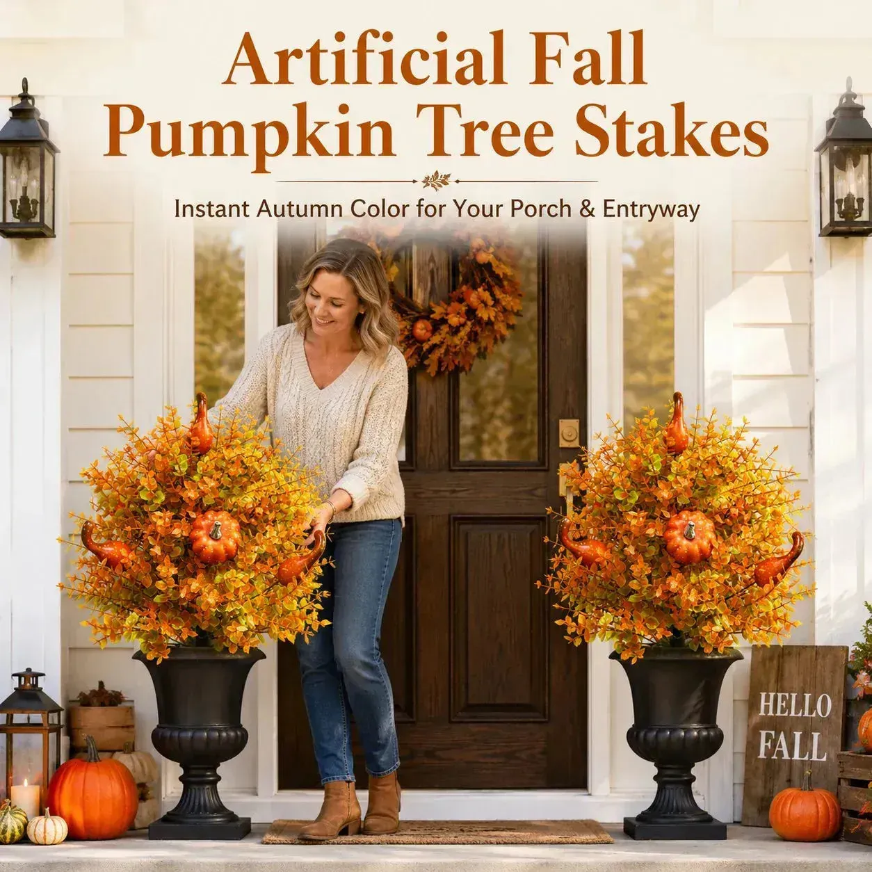 Artificial Fall Pumpkin Tree Stakes - Porch, Planter & Pathway Decor