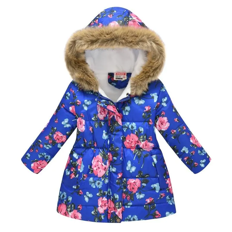 Thicken Winter Girls Jackets Fashion Printed Hooded Outerwear For Kids Internal Plus Velvet Warm Girls Coats Christmas Present