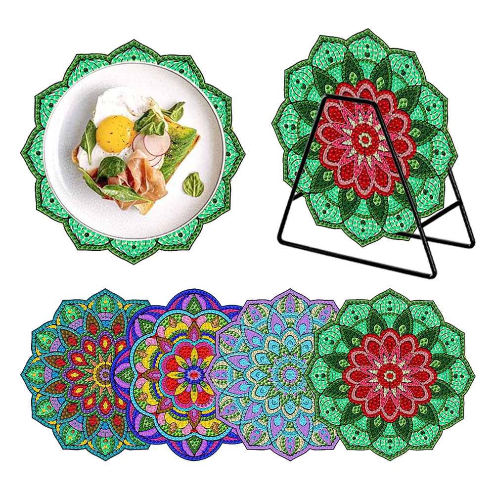 4Pcs Wooden Diamond Painting Placemats Round Diamond Art Table Mats (Mandala)