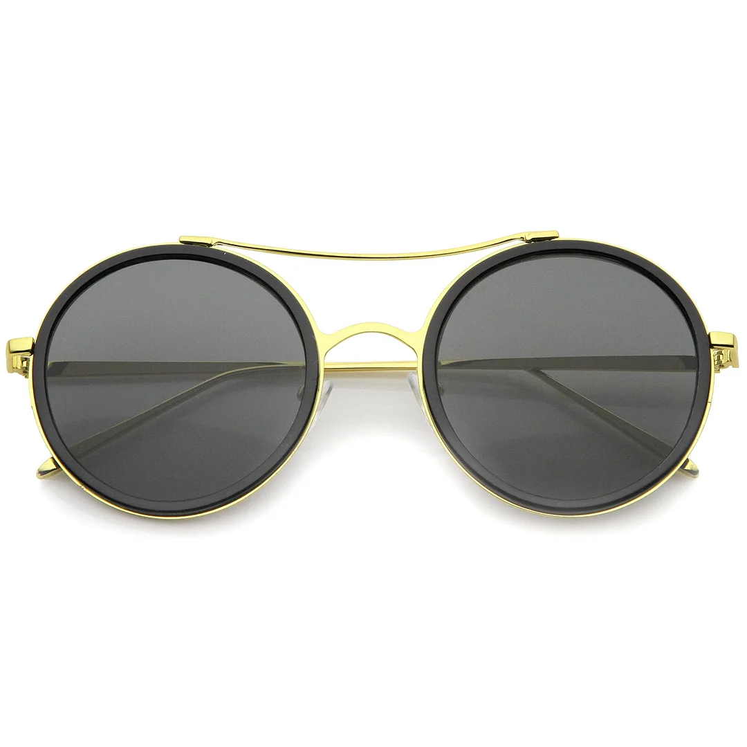 Classic Metal Temple Double Nose Bridge Flat Lens Round glasses 52mm