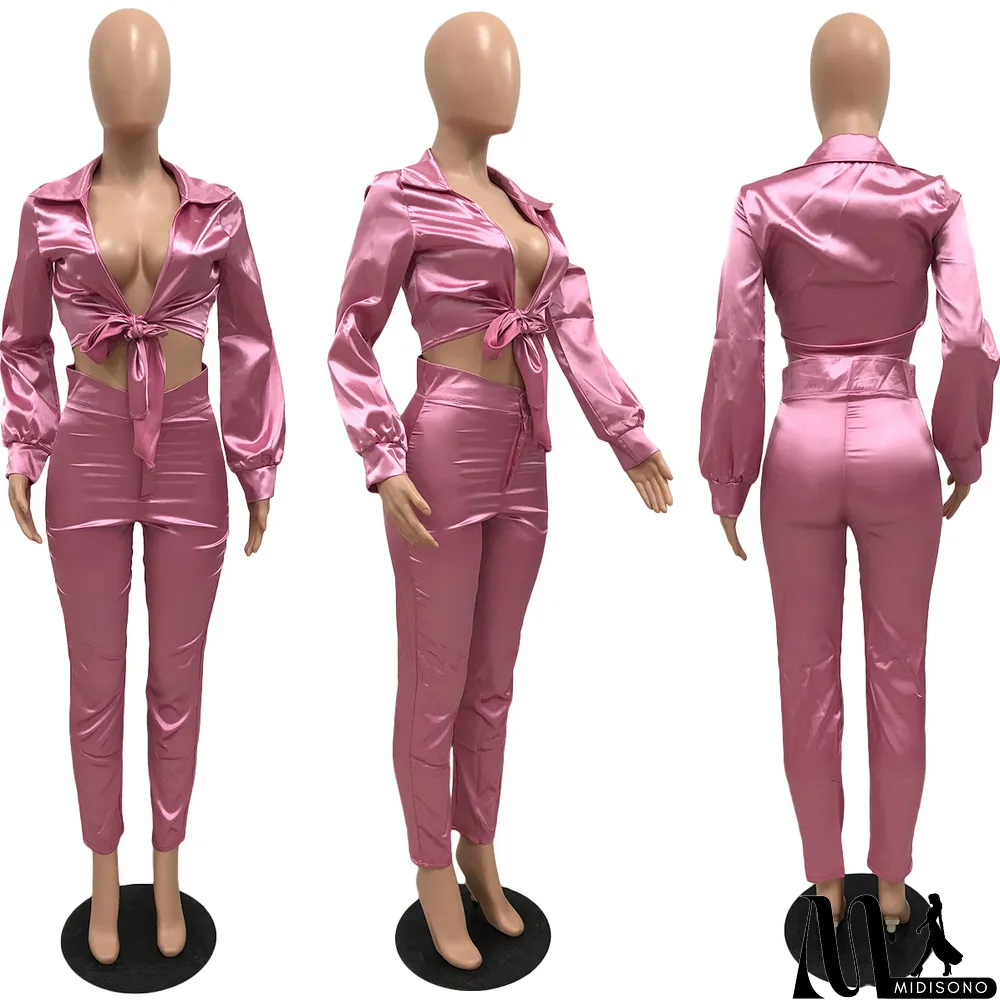 MidiSono - Sexy V-neck Lace-up Slim Two-piece Suit