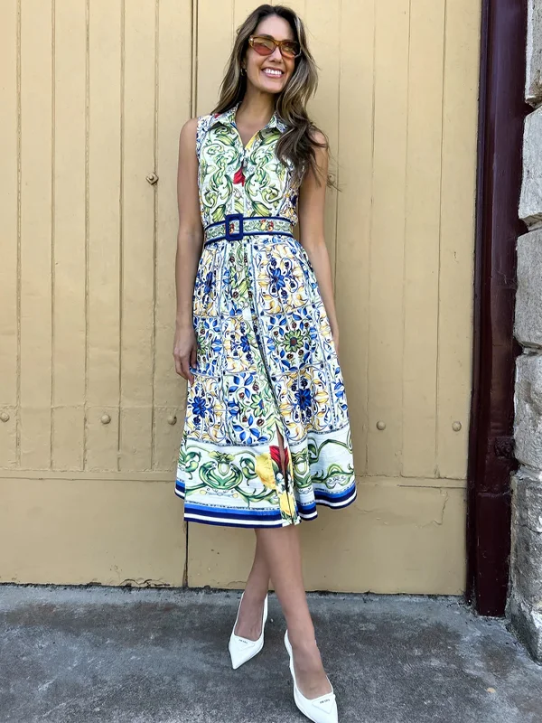 Lapel Printed Sleeveless Midi Dress