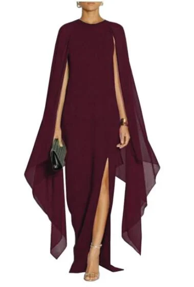 Women's Elegant High - Slit - Sleeve Ankle Length Formal Evening Dress Party Flare Sleeve with A Cape