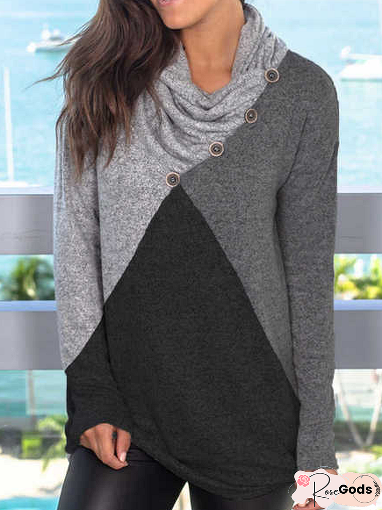 Fashion Color Block Button Cowl Neck Top Women