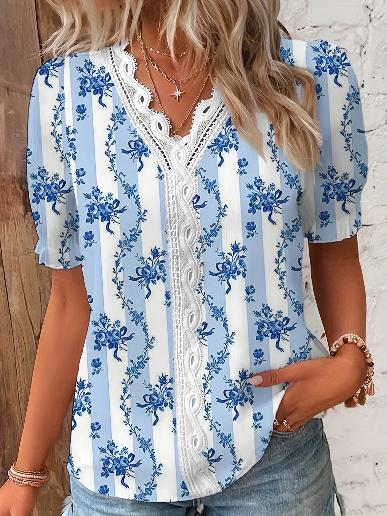 Slimhernow Summer V-neck Lace Patchwork Printed Shirt For Women 2025 Elegant Office Lady Short Sleeve Flower Print Pullover Blouses Femme