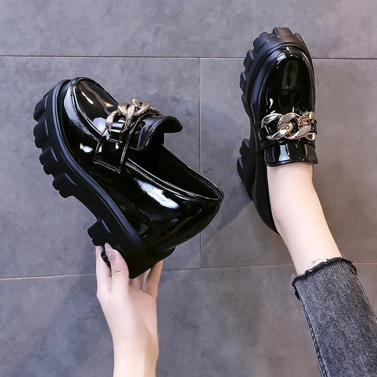 Wongn Wongn Classic Metal Chain Patent Leather Waterproof Platform Super High Heel Inside The High Slope Heel Small Leather Shoes Woman