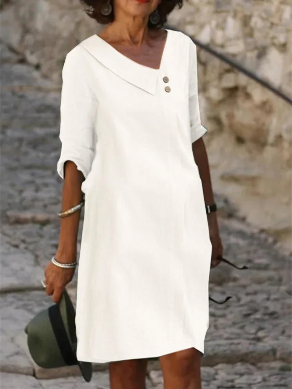 Women's Button Solid Color V-Neck Half Sleeve Maxi Dress