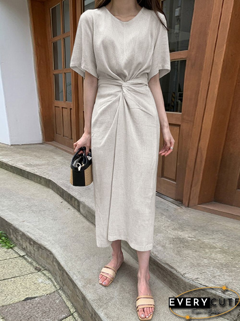 Cotton Solid Bowknot Short Sleeve Maxi Dress