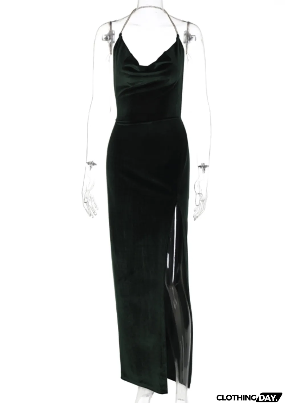 Spring Green Velvet Halter Slit Long Evening Dress