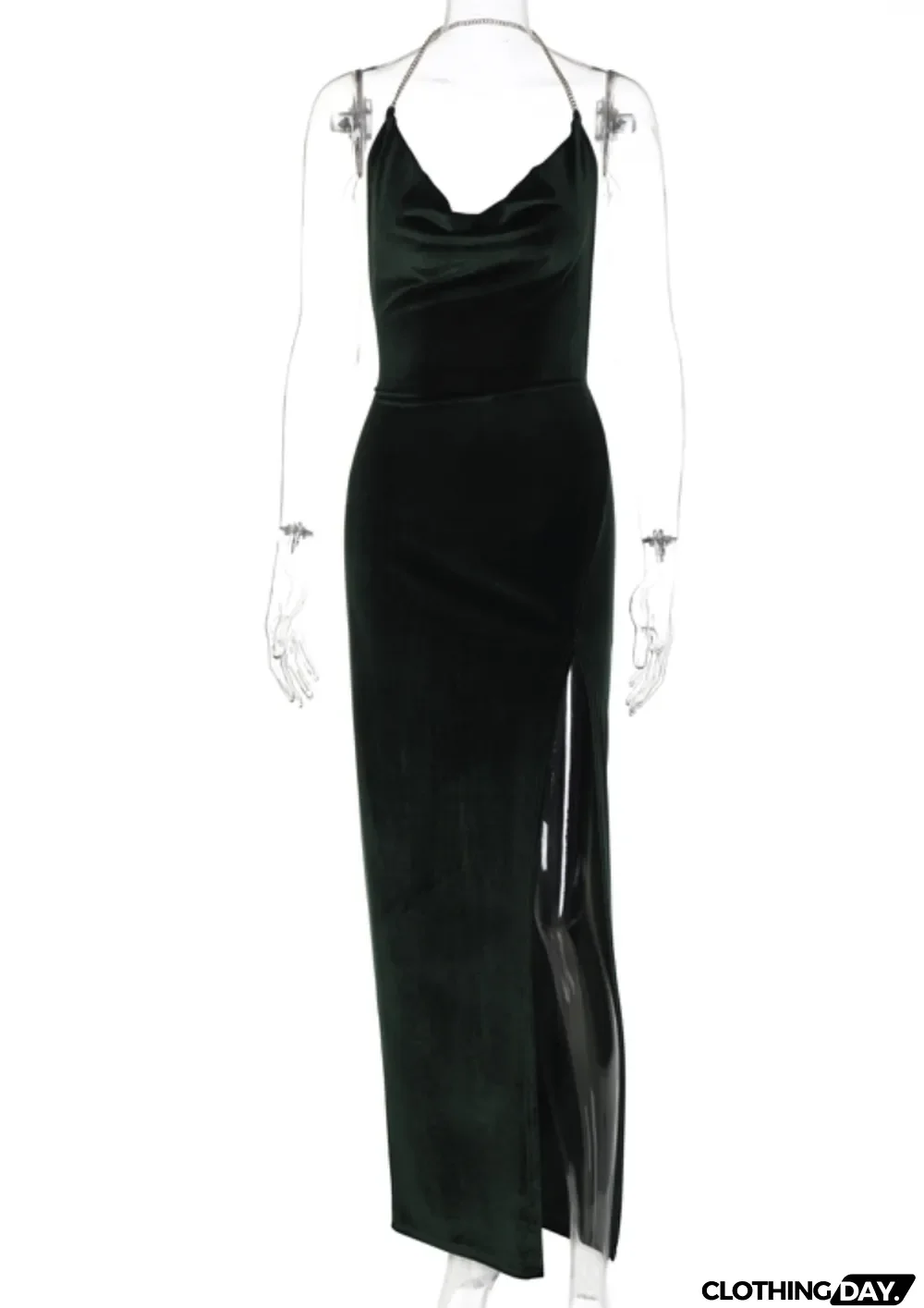 Spring Green Velvet Halter Slit Long Evening Dress