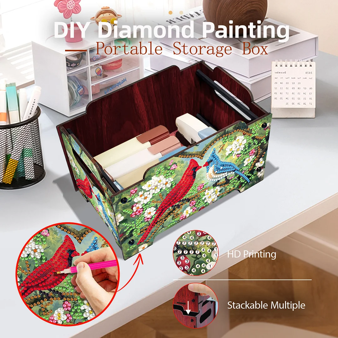 5D DIY Diamond Painting Decorative Storage Box Wood Storage Clutch (Cardinal)