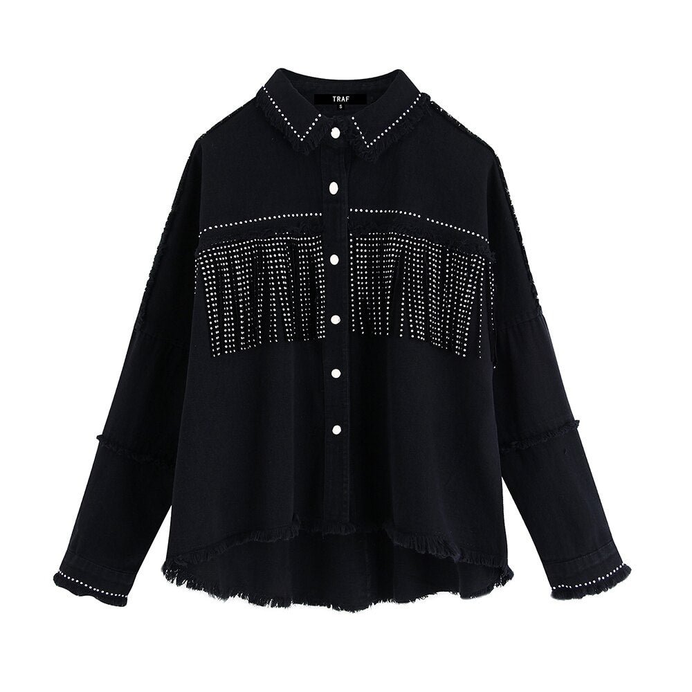 TRAF Women Stylish Tassel Beaded Oversized Denim Jacket Coat Vintage Fashion Long Sleeve Frayed Trim Outerwear Chic Loose Tops