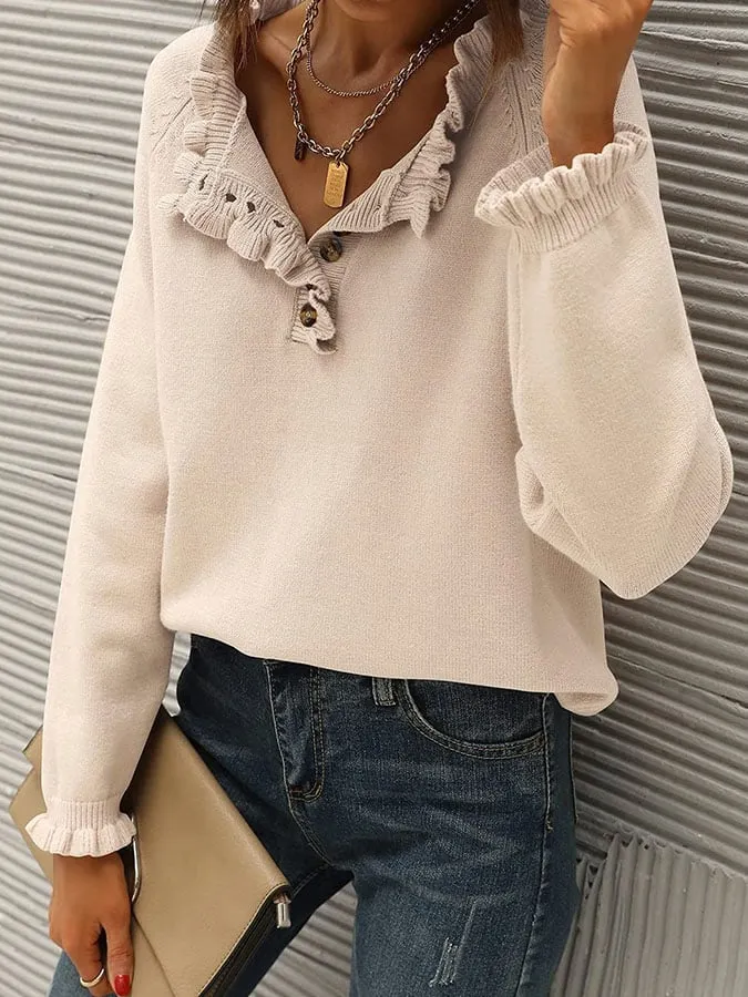 Casual Long Sleeve Button Ruffle Sweater