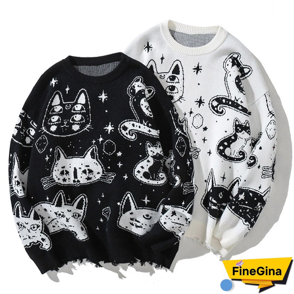 Cartoon Cat Print Loose Sweater