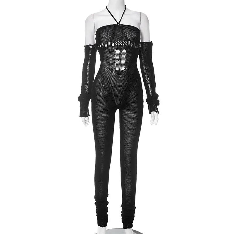 Uveng Uveng Women's 2023 Autumn And Winter 2023 New Woolen Sleeve Hanging Neck Tie Hollow Jumpsuit Pile Trousers