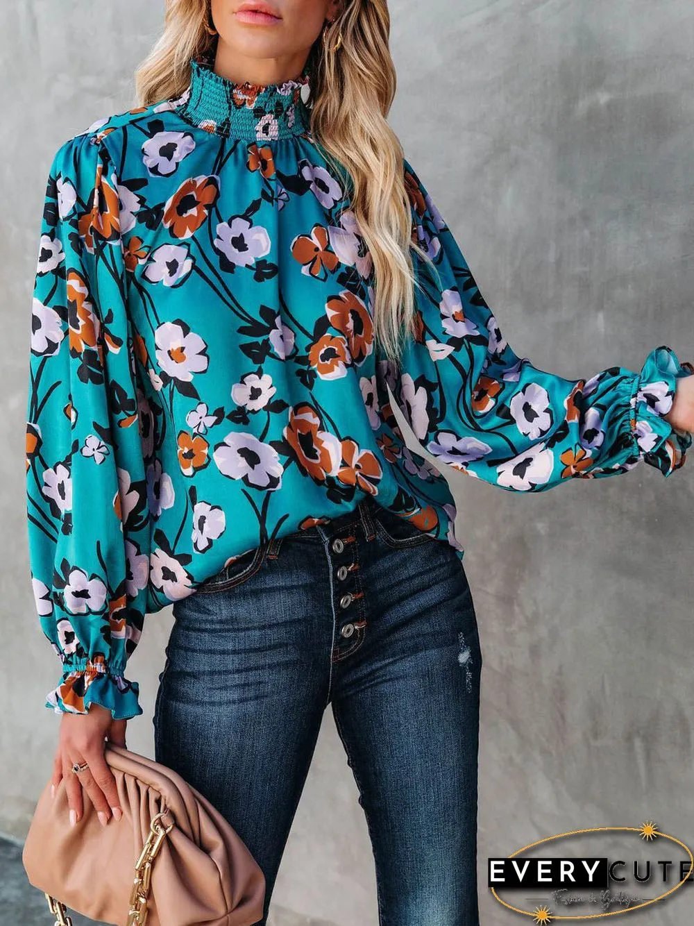 Turtle Neck Casual Long Sleeve Floral Blouse