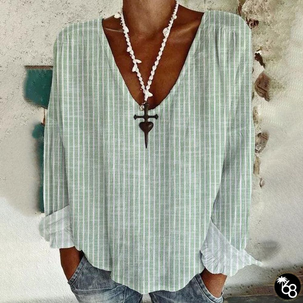 Green Striped Long Sleeve V-Neck Top | 168DEAL