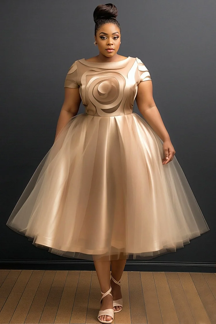 Xpluswear Design Plus Size Cocktail Party Champagne Graphic Boat Neck Cap Sleeve Short Sleeve See Through Vintage Contrast Tulle Midi Dresses [Pre-Order] 2024 - Xpluswear