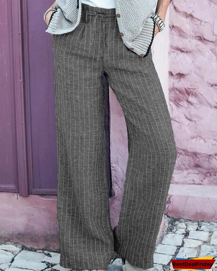 striped print paneled side pockets self tie casual wide leg pants p388020