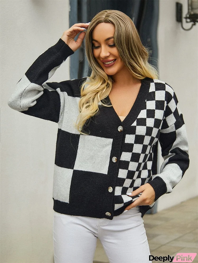 Plaid V-Neck Dropped Shoulder Cardigan