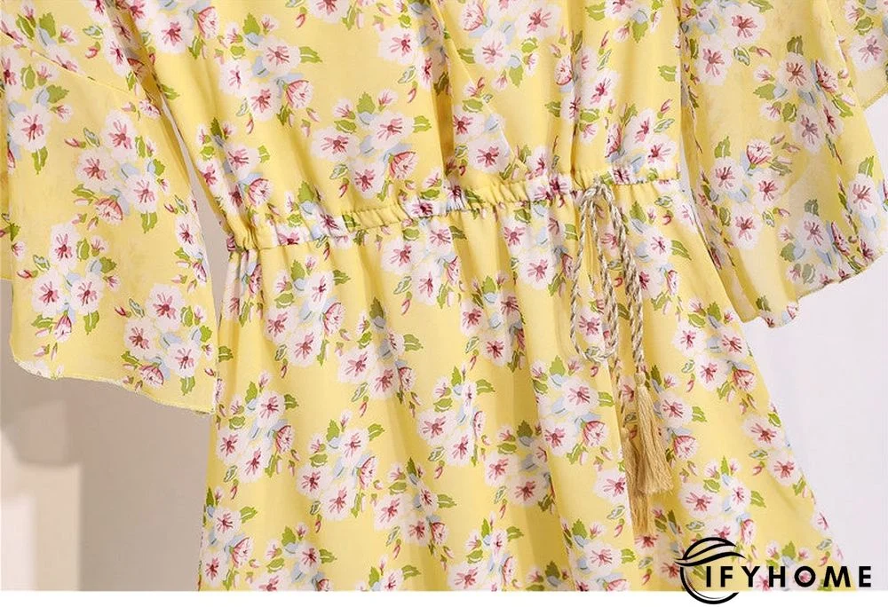 Spring Summer Chiffon Women V-Neck Floral Print Short Dresses Sweet Ruffle Sleeeve Slim Drawstring Ladies Dress | IFYHOME