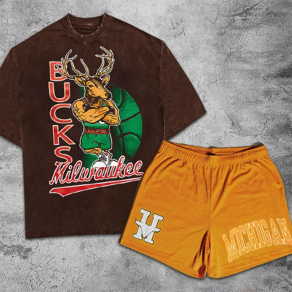 Deer Basketball Graphic Print Short Sleeve Two Piece