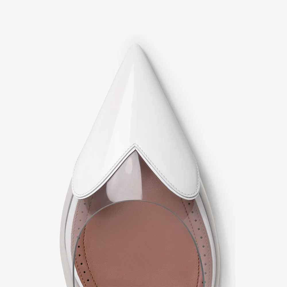 Women's White Closed Pointed Toe Buckle Clear Slingback Pumps