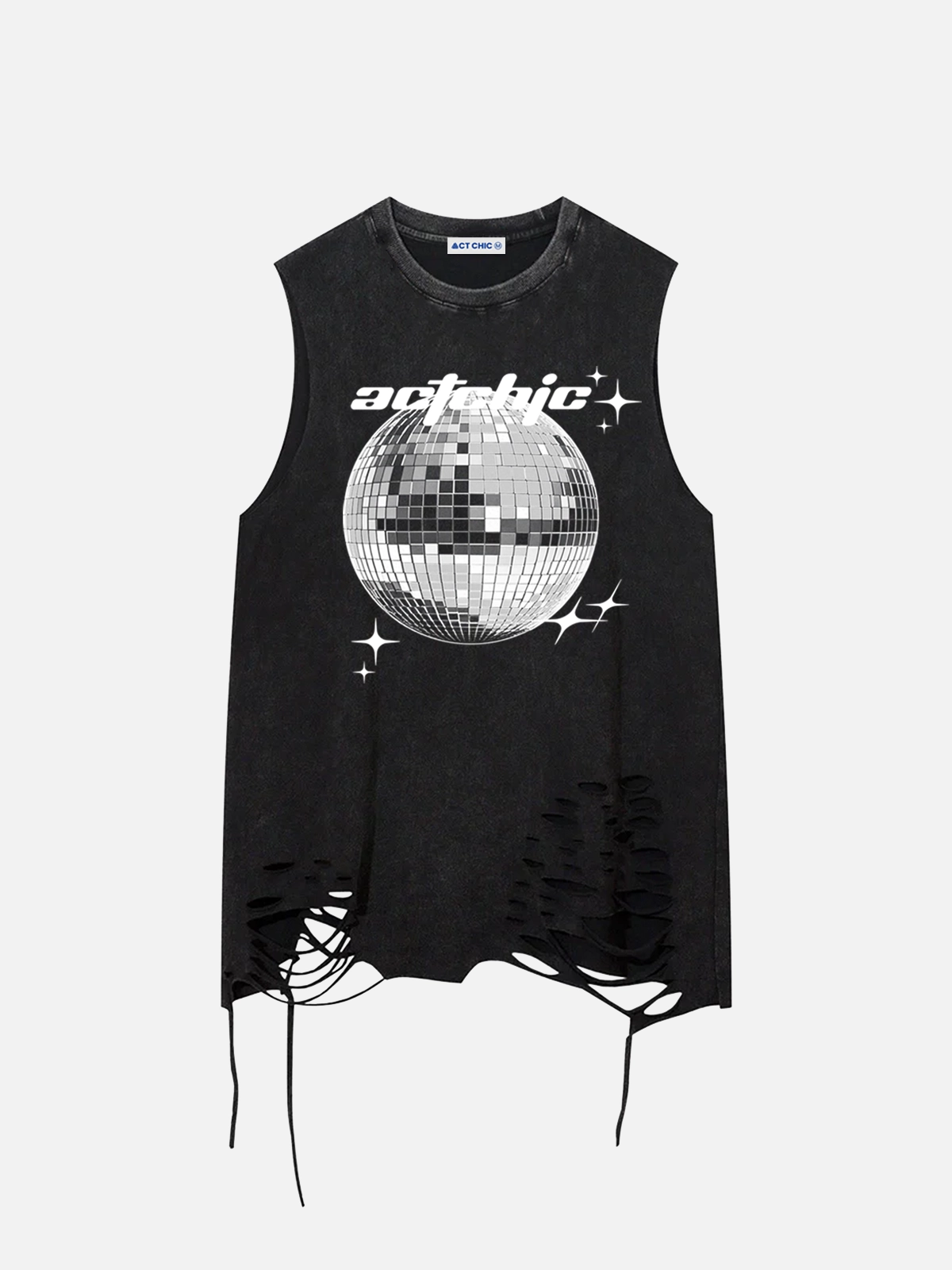 Black Act Chic Mirror Ball Print Distressed Vest Front