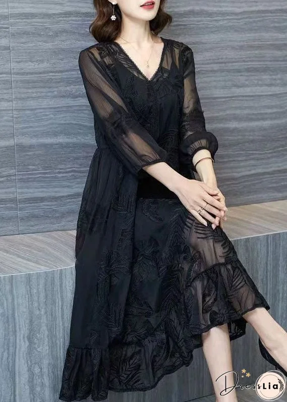 Organic Black V Neck Embroidered Patchwork Tulle Dresses Summer
