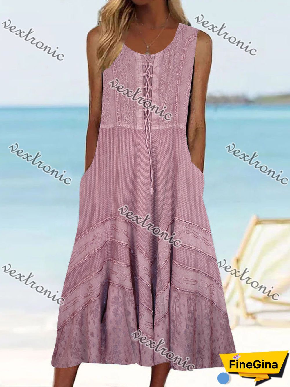 Women's Sleeveless Scoop Neck Pockets Graphic Printed Midi Dress