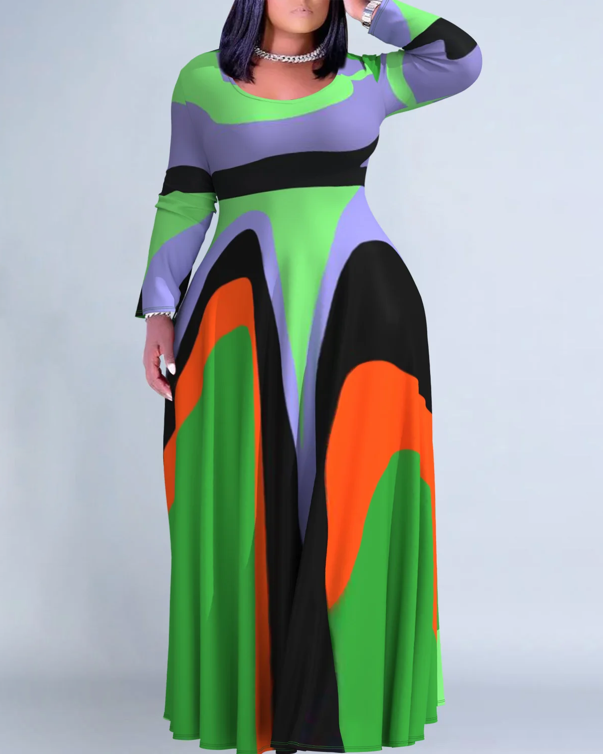 Irregular Contrasting Stripes Round Neck Long Sleeve Maxi Dresses