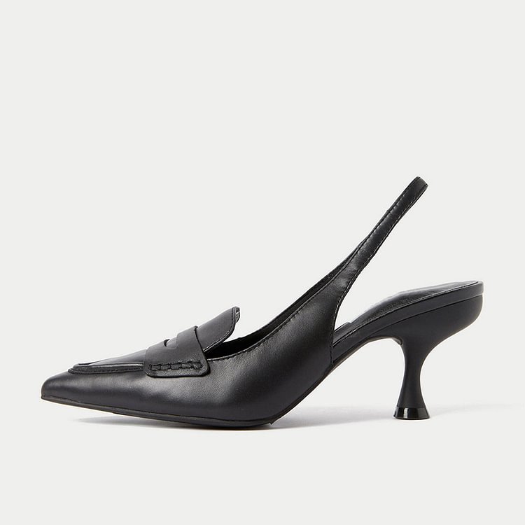 Black Pointed Toe Loafers Kitten Heels Slingback Pumps for Women |FSJ Shoes