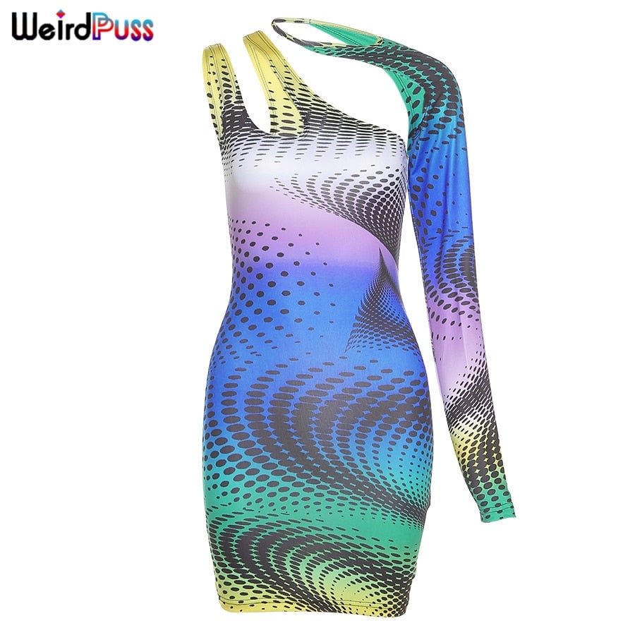 Weird Puss Dots Colorful One Shoulder Dress Women Removable Sleeve Skinny Stretch Bodycon 2021 Autumn Trend Streetwear Outfits