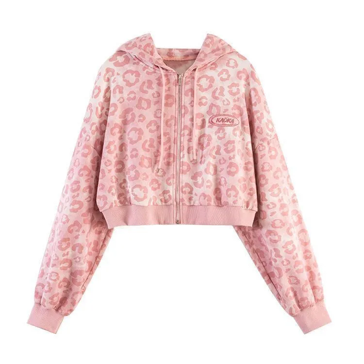 Women's Y2K Pink Leopard Print Cropped Zip Up Hoodie Long Sleeve Crop Sweatshirt