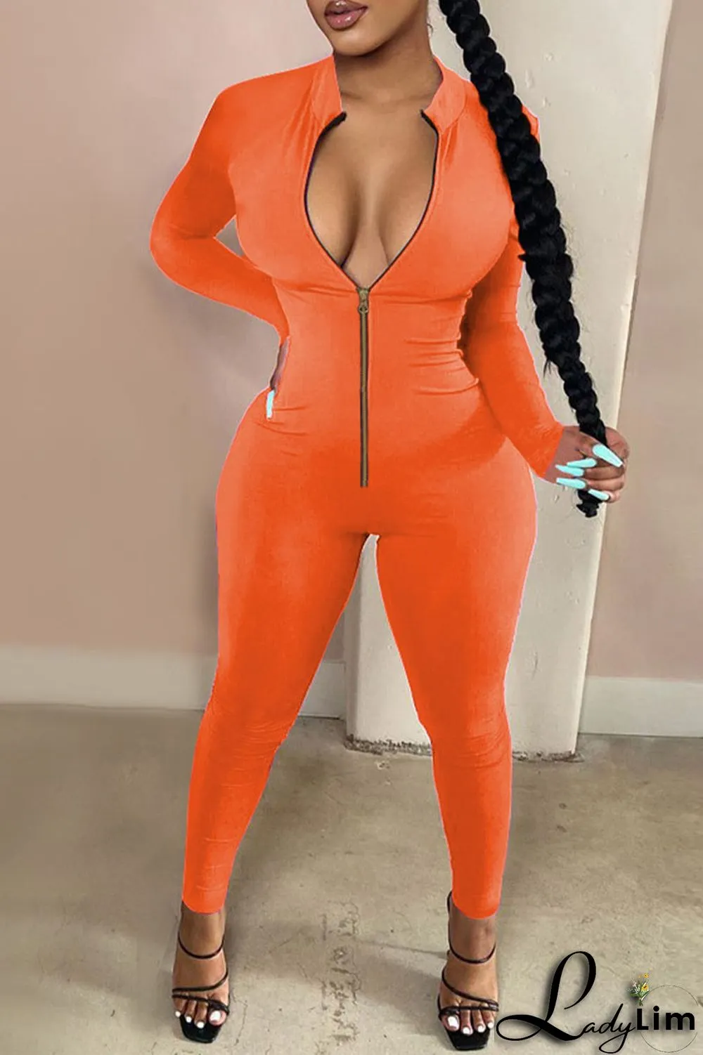 Rose Red Sexy Casual Sportswear Solid Zipper Half A Turtleneck Skinny Jumpsuits