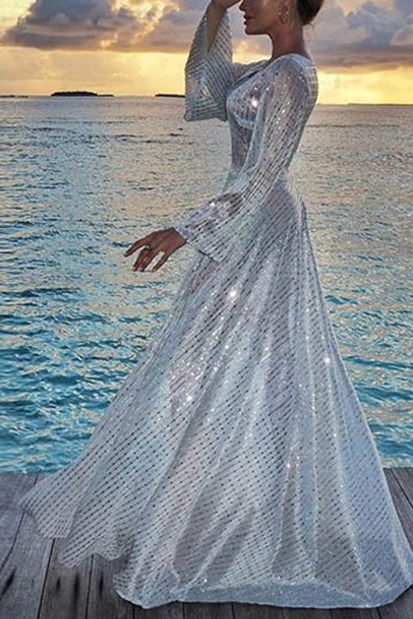 Sparkly Silver V-neck Prom Dress - Chicaggo
