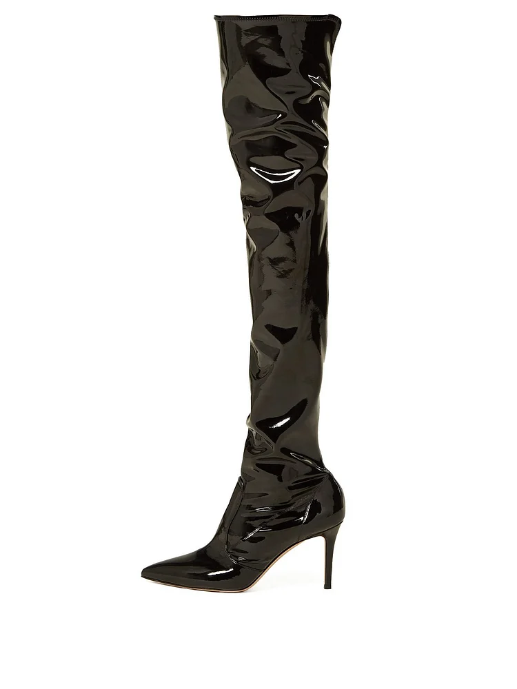 Black Patent Leather Thigh High Heel Boots Stiletto Heel Boots |FSJ Shoes