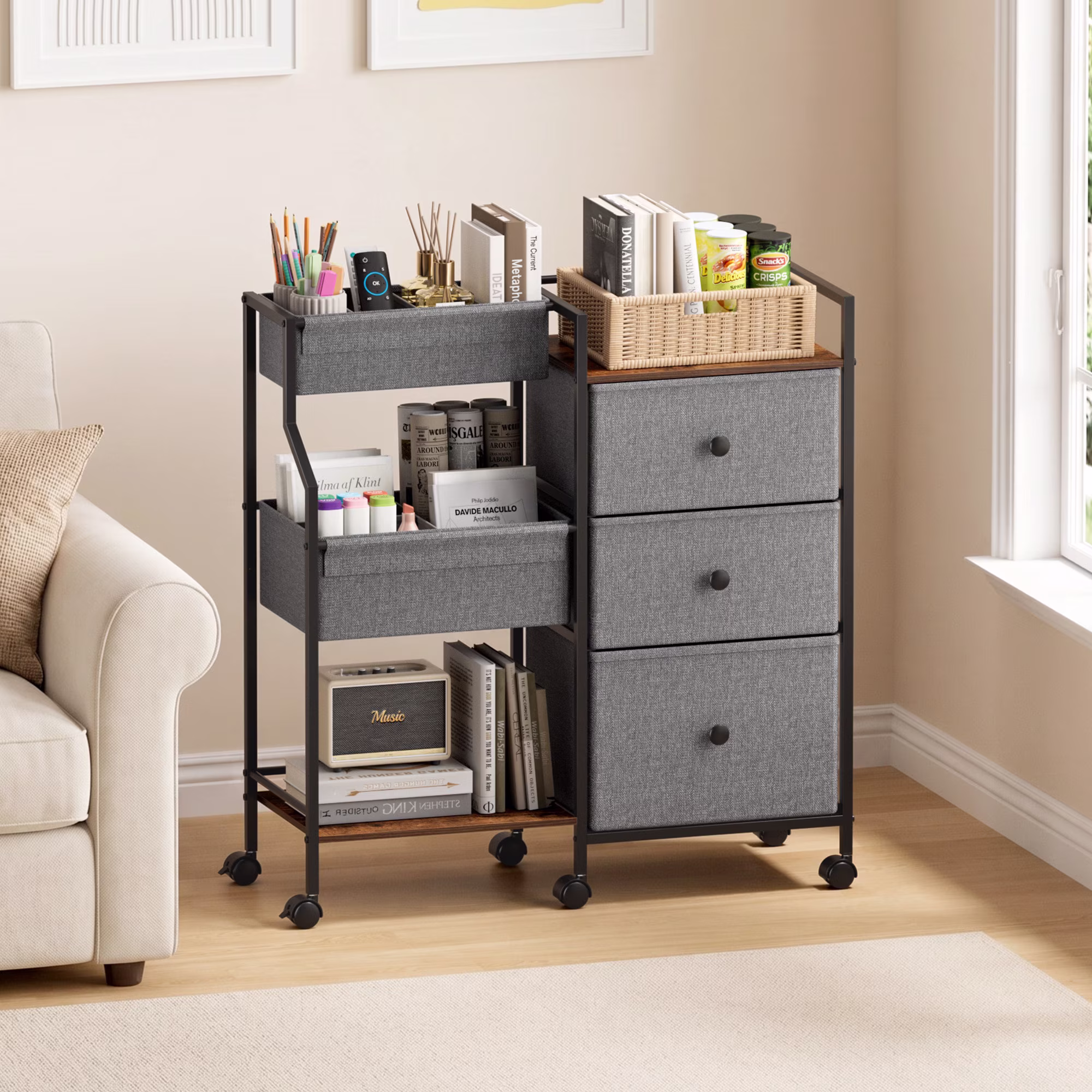 3 Tier Diaper Organizer & Storage Cart for Nursery, Bedroom, Changing Table with Dividers & Drawers