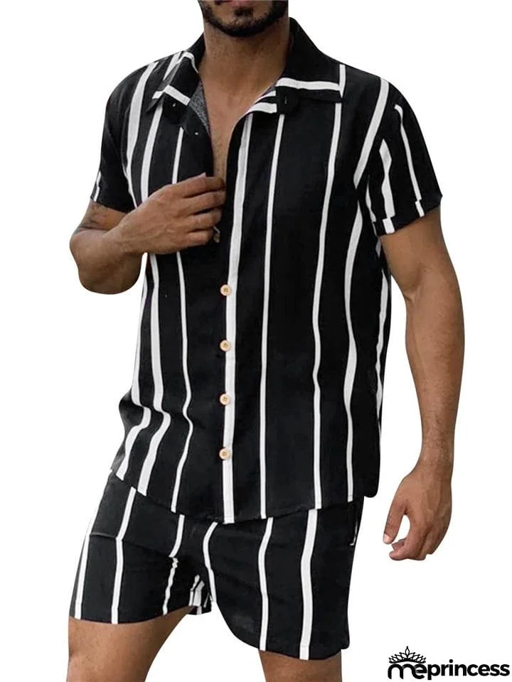 Stripe Short Sleeve Shirts 2 Pieces Sets