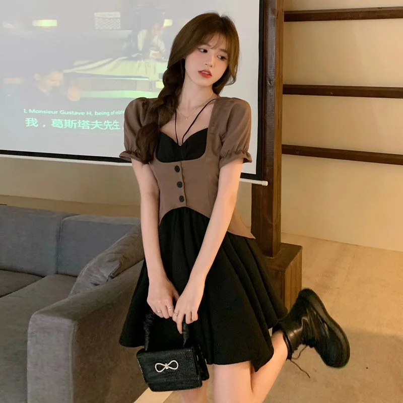 Jangj Preppy Style Spring and Summer Sweet Design Fake Two-piece Puff Sleeve Vest Dress Korean Style Casual Dress Fashion Dress