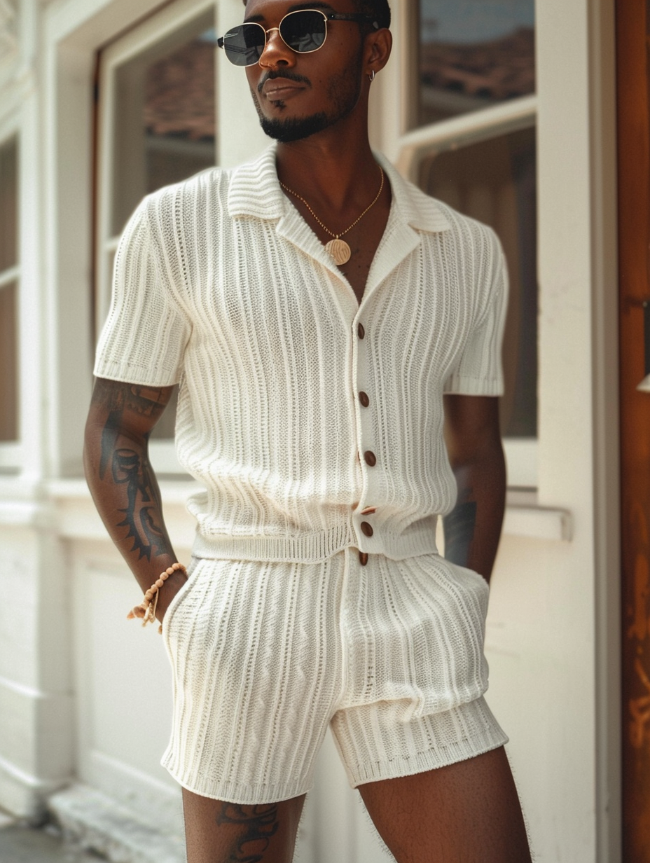 Men's White Kintted Crochet Short Two Piece Set Suit