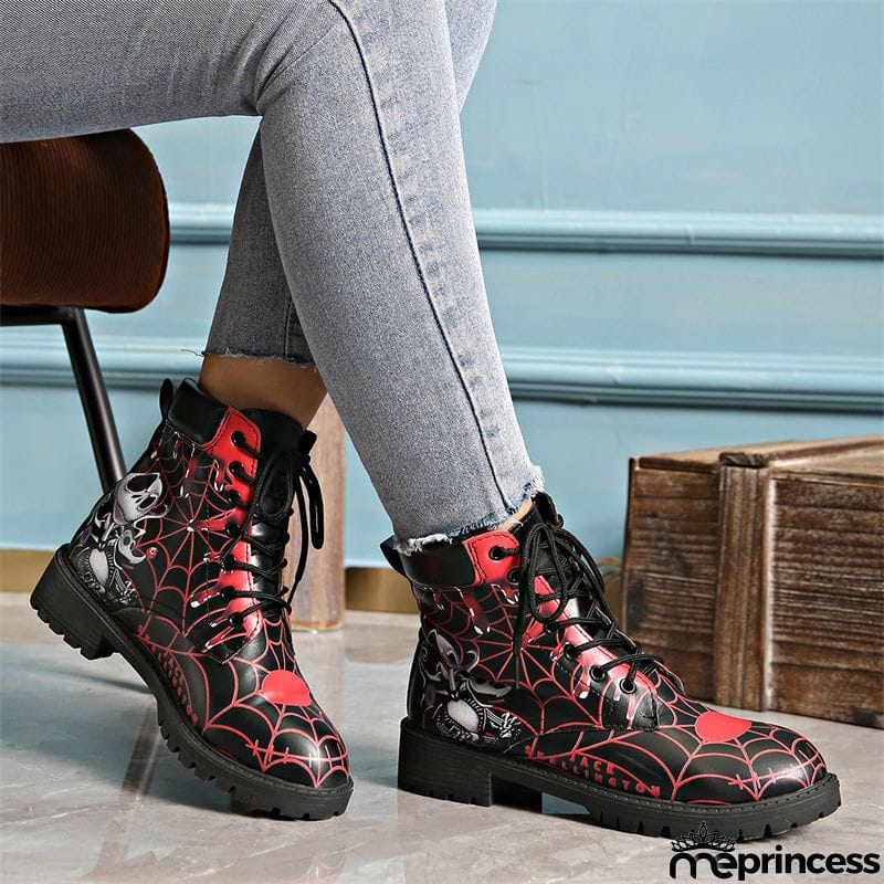 Halloween Element Printed Women's Lace-up Round Toe Martin Boots