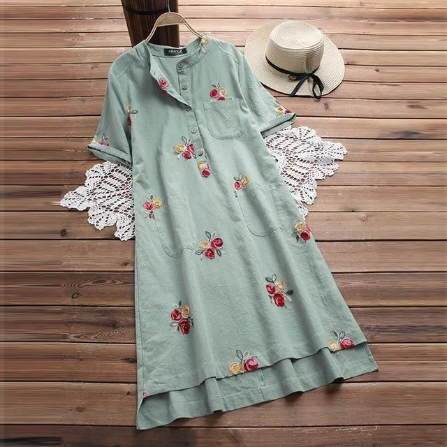 Plus Size Women Embroidery Dresses Vintage Beach Party Sundress S-5XL