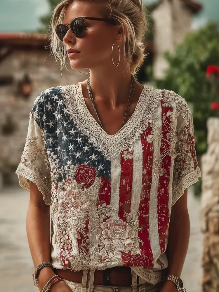Women's Retro American Flag Element Plant Flower Embroidery Lace Patchwork Design Short-sleeve Top