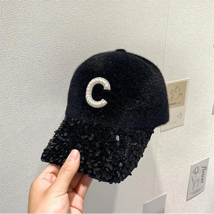 Pearl Rhinestone C Baseball Cap Sequined CapAutumn Winter Warm Hat Sport Outdoor Baseball Hats Hop Cap Casual Caps Hat