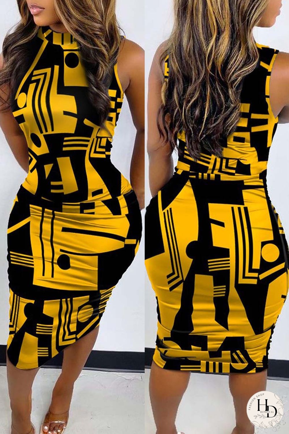 Yellow Casual Print Solid Basic O Neck Denim Dress Dresses
